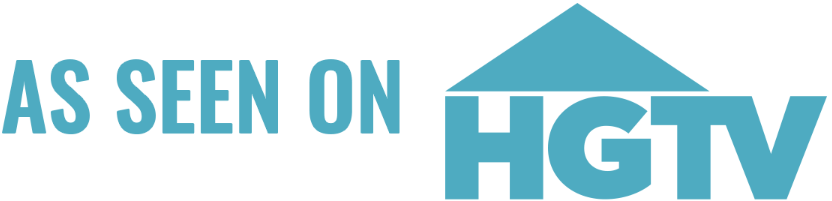 Blue text reads As Seen On HGTV, with the letters H, G, and T in HGTV topped by a stylized roof shape, representing the HGTV television network logo.