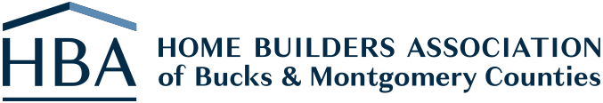 Logo of the Home Builders Association of Bucks & Montgomery Counties, featuring the letters HBA inside an outline of a house, followed by the organizations full name in blue text.
