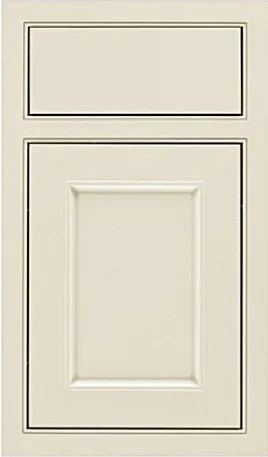 Classic kitchen cabinet door sample finished in soft antique white.