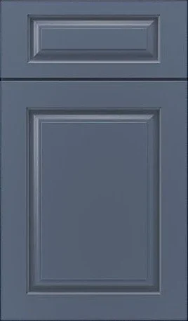 Classic raised panel cabinet door sample in slate blue finish.