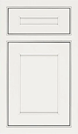 Crisp white shaker cabinet door panel with dark accent profiles.
