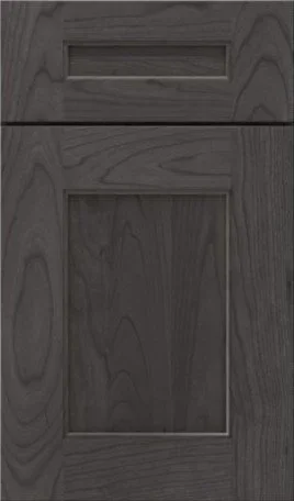 Weathered gray wood shaker cabinet door panel material sample tile.