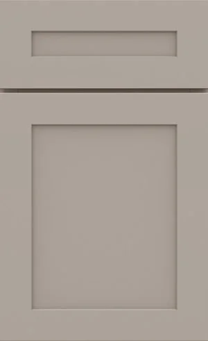 A flat-front cabinet door and drawer in a light taupe color with simple, clean lines and a recessed panel design.