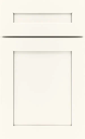 A cream-colored, shaker-style cabinet door with a rectangular panel and a smaller horizontal panel above it, both featuring simple, recessed borders.