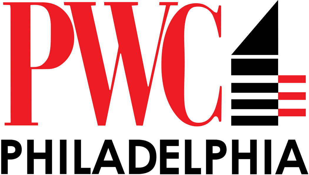 Red letters PWC and three horizontal red lines next to it, above the word PHILADELPHIA in bold black uppercase letters.