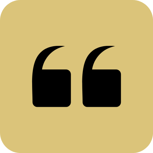 Black quotation mark symbol on a rounded square background with a muted gold color.