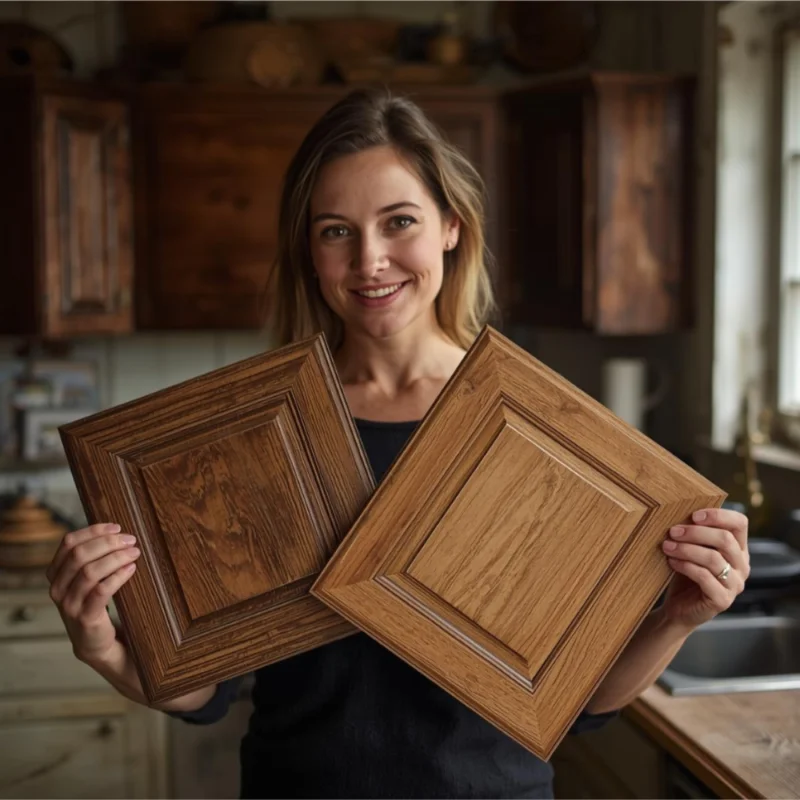 Kitchen designer holding up two traditional wood cabinet door samples.