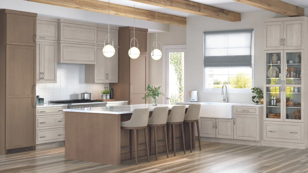 Contemporary kitchen layout highlighting a long light wood island beneath modern pendant lights.