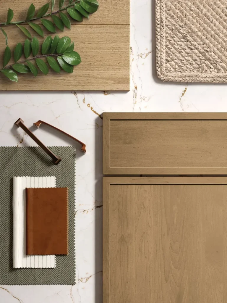 Kitchen design mood board featuring oak cabinetry samples and natural stone texture.