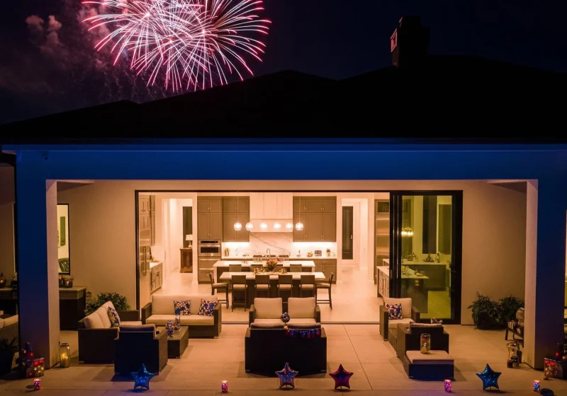 A modern, well-lit house with an open patio, outdoor seating, and festive decorations at night. Fireworks light up the sky above the roof, creating a celebratory atmosphere.