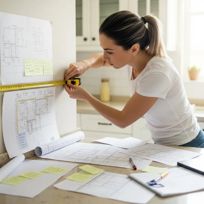 Female designer using a tape measure over kitchen blue prints on a wall.