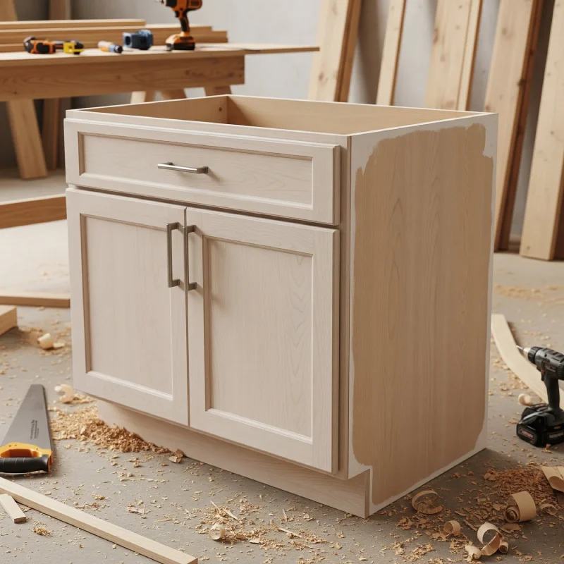 Handcrafted wood base cabinet in a carpentry workshop.