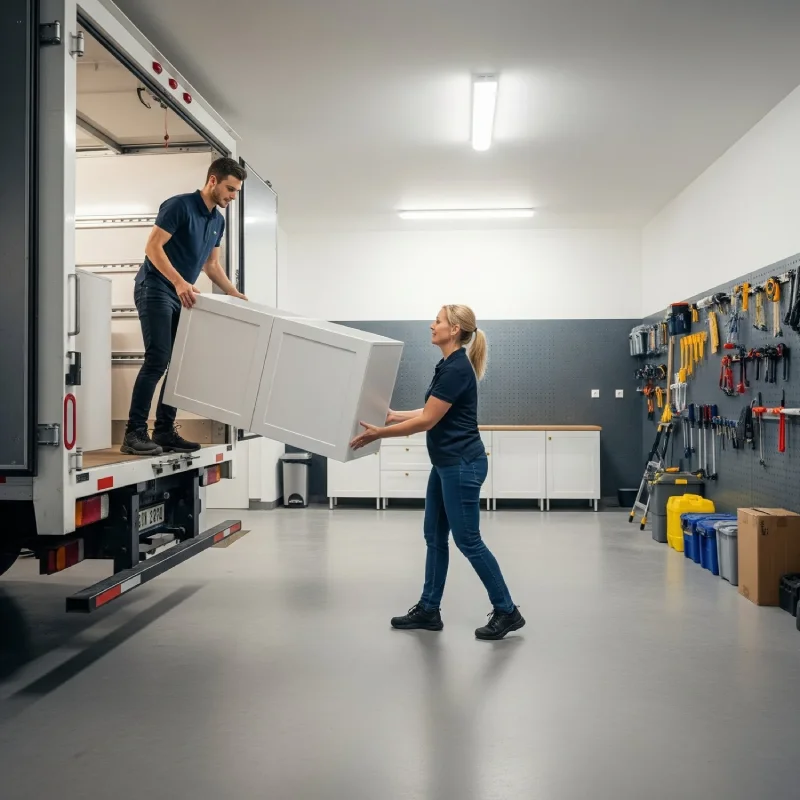 Two workers unloading white cabinet components from a delivery truck into a garage workshop.