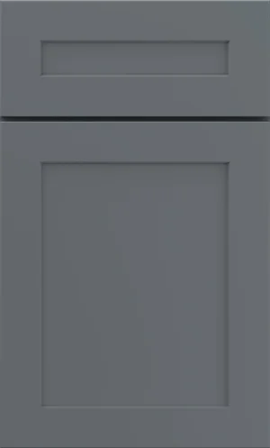 Three shaker cabinet door samples showing grey wood, natural pine, and dark navy finishes.