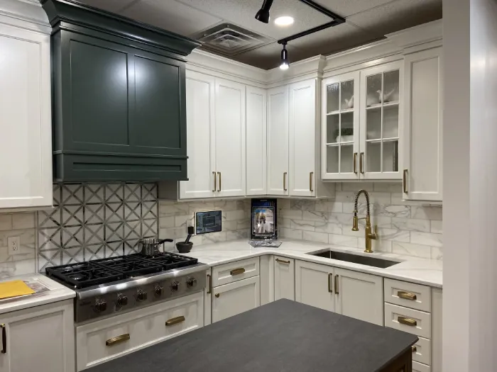 Cabinetry store displaying various door samples and stone towers.