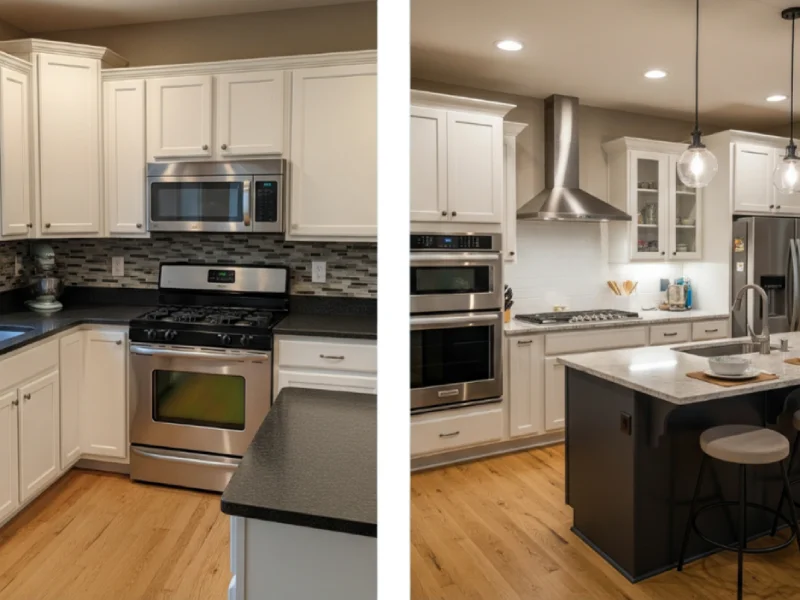 Before and after comparison of a modern kitchen remodel with white cabinets.