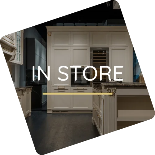 Angled graphic tile showing a kitchen showroom view overlayed with text reading In Store.
