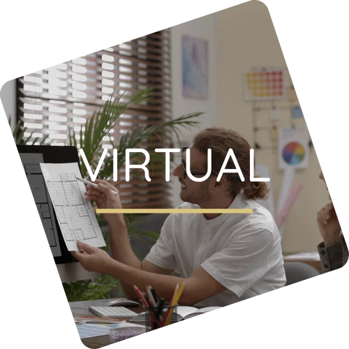 Angled graphic tile showing a man designing on a tablet overlayed with text reading Virtual.