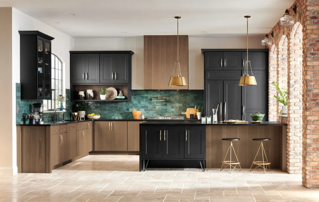 Modern kitchen featuring a vibrant green tiled backsplash and dynamic contrasting cabinets.