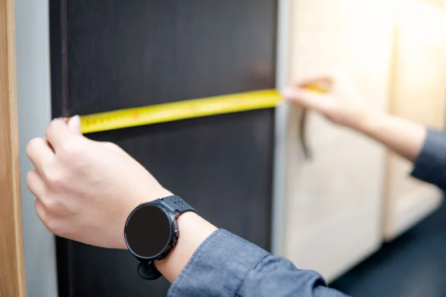 Close-up of a contractor using a yellow tape measure against a dark cabinet box panel.