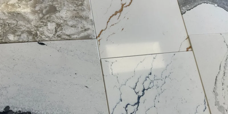 Polished white porcelain countertop slab with realistic marble veining.