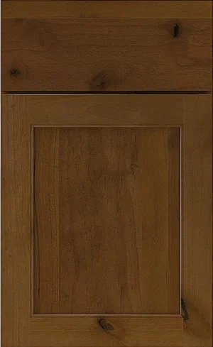 A close-up sample of a warm medium-stained knotty wood cabinet door.