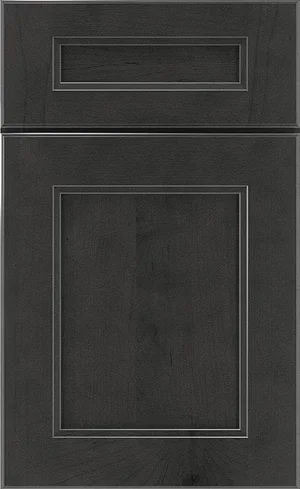 A close-up sample of a charcoal black stained wood cabinet door panel.
