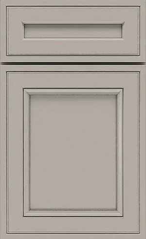 A close-up sample of a warm taupe grey cabinet door with classic inner molding.