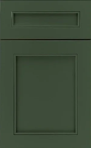 A close-up sample of a deep forest green painted shaker cabinet door.
