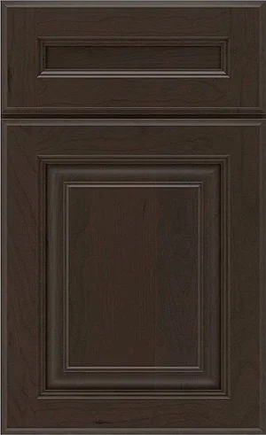 A close-up sample of a dark espresso stained wood cabinet door with recessed panels.
