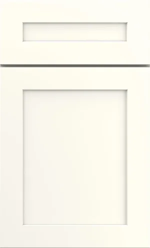 A close-up view of a clean white shaker cabinet door.