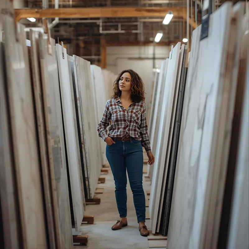 Interior designer walking through rows of large marble countertop slabs.