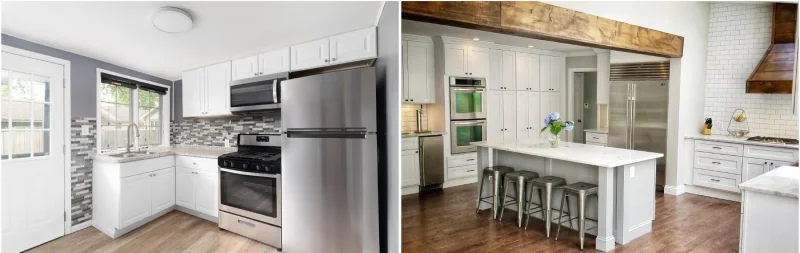 Side-by-side comparison of a small older kitchen and new modern kitchen.