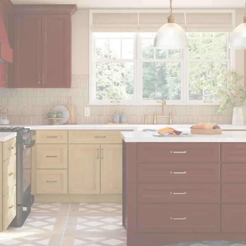 Warm transitional kitchen featuring plum and cream colored cabinets.