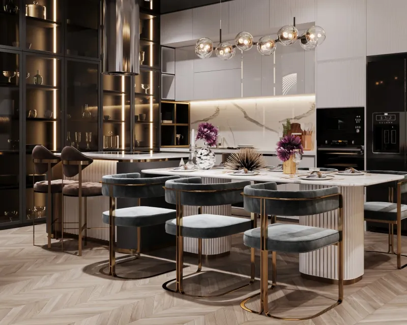 Luxury kitchen featuring a white dining table and modern velvet chairs.