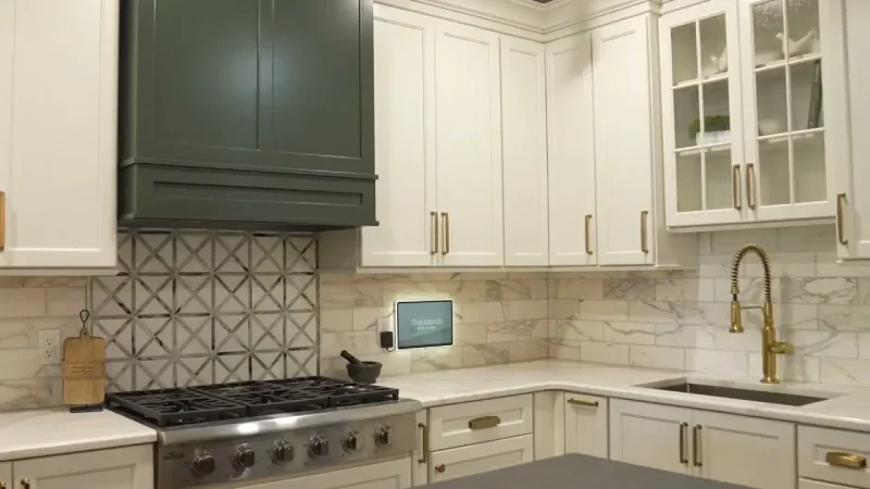 Custom white kitchen cabinetry featuring a patterned tile backsplash and gold fixtures.