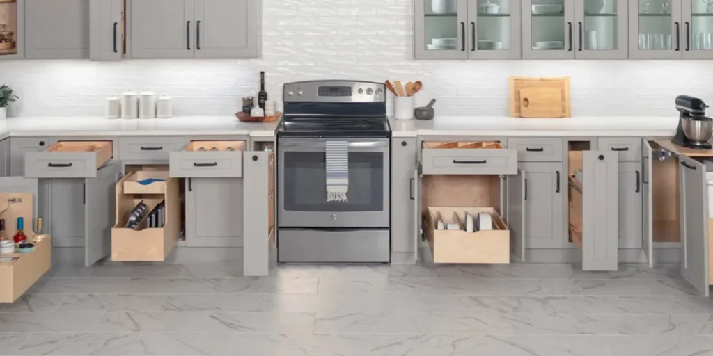 Modern gray kitchen lower cabinets with open functional pull out drawers.