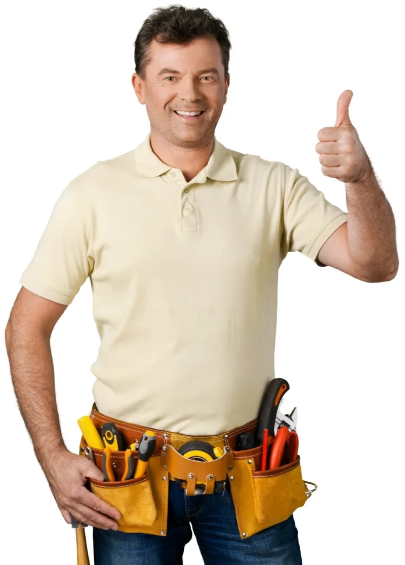 Cropped shot of a smiling male contractor wearing a full tool belt.