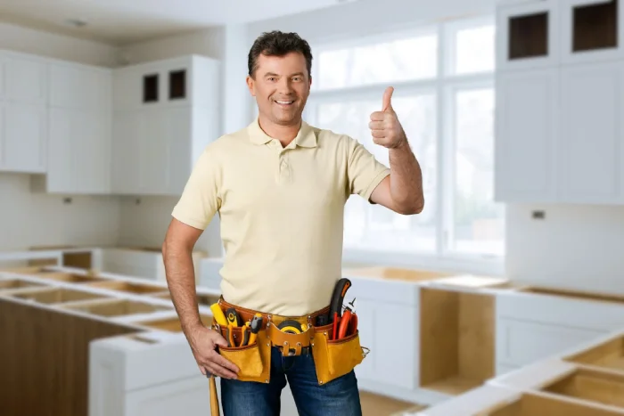 Smiling male contractor wearing a tool belt giving a thumbs up.