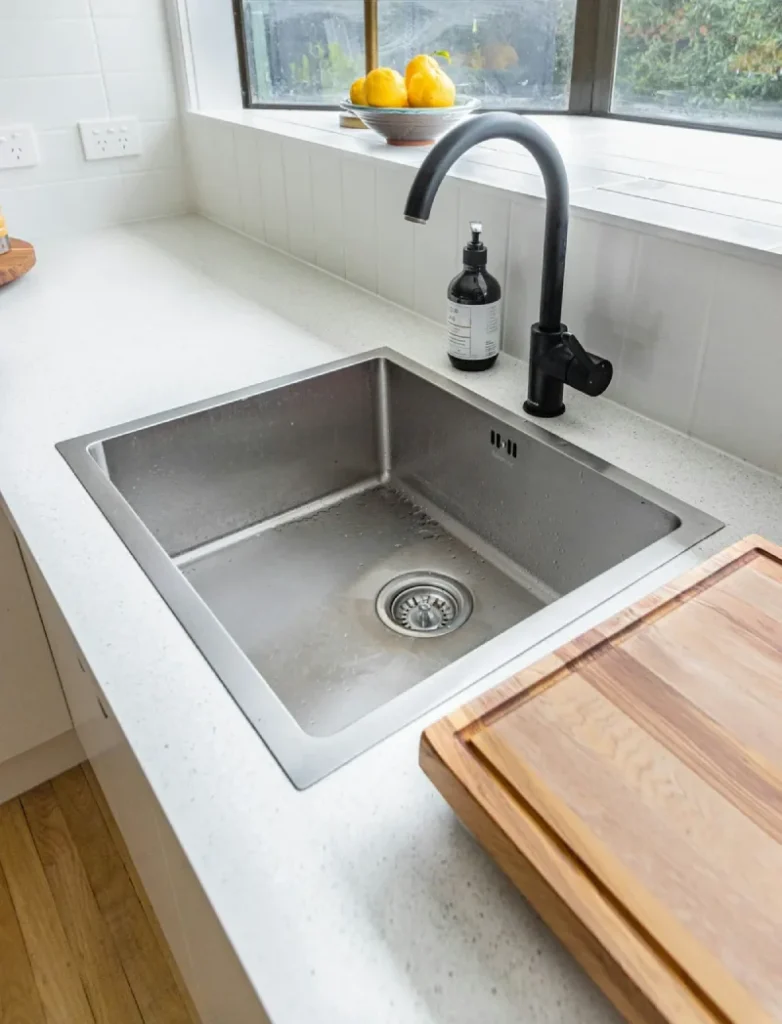 Stainless steel kitchen sink with matte black gooseneck faucet.