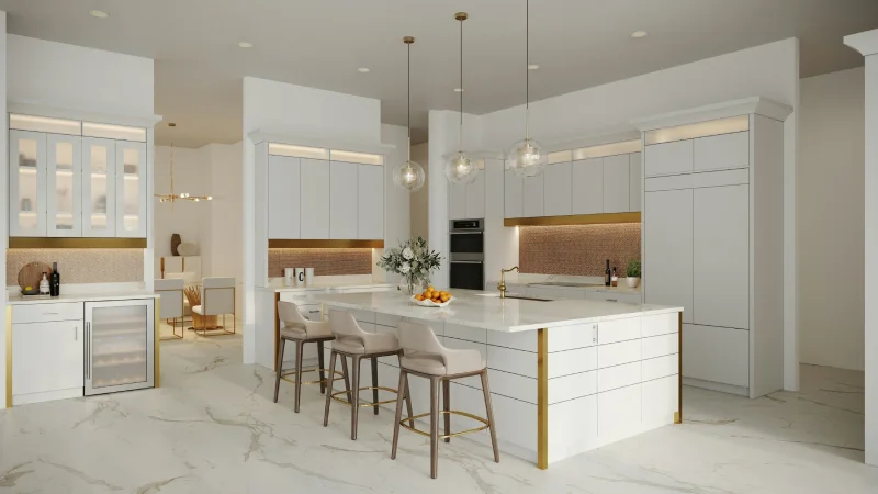 Modern luxury white kitchen featuring a large central island with bar stools.
