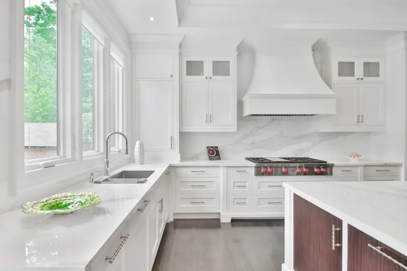 White custom kitchen cabinetry featuring a distinctive curved range hood.