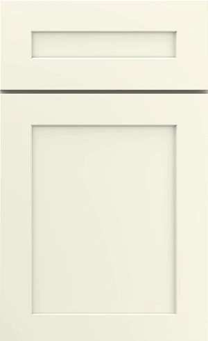 An off-white-colored cabinet door with a rectangular raised panel design, featuring a matching drawer front above the main door panel.